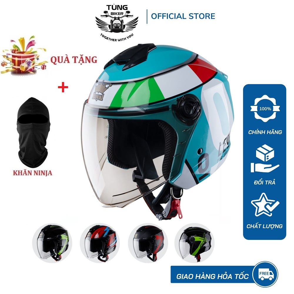 Mũ Bảo Hiểm Royal XH01, Mũ Bảo Hiểm 3/4 Có Kính Tem Màu Cực Chất (Tặng Khăn Trùm Ninja)