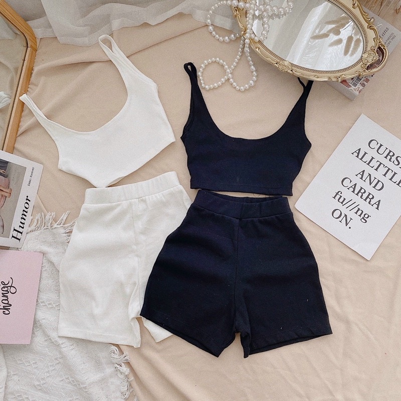 Set áo hai dây croptop kèm short thể thao