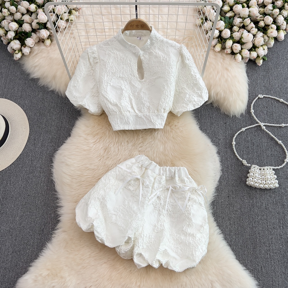 🌸Hàng Order🌸(Đủ Màu)Sét Áo Cổ Tàu Tay Bồng In Nổi Phối Quần Dáng Bồng Đính Nơ Ngọc Sành Điệu Sang Chảnh🌸Hàng Quảng Châu