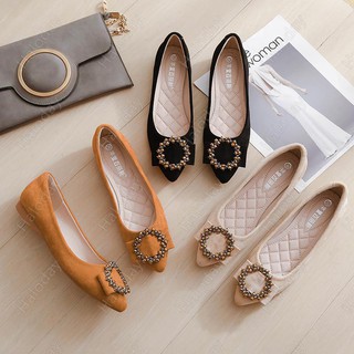 Giày búp bê mũi nhọn đính đá màu đen có Size lớn 44 thời trang dành cho nữ