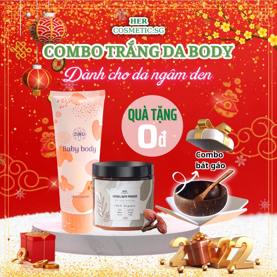 [COMBO] Dưỡng trắng da toàn thân chuẩn Spa dành cho da ngâm đen khó  trắng  Bột Thảo Dược HERCOSMETIC &amp; Kem body ZUYU