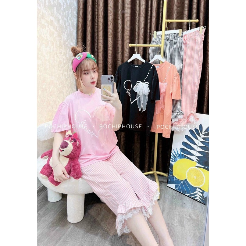 sét bộ cotton quần sọc caro phối áo tim nơ