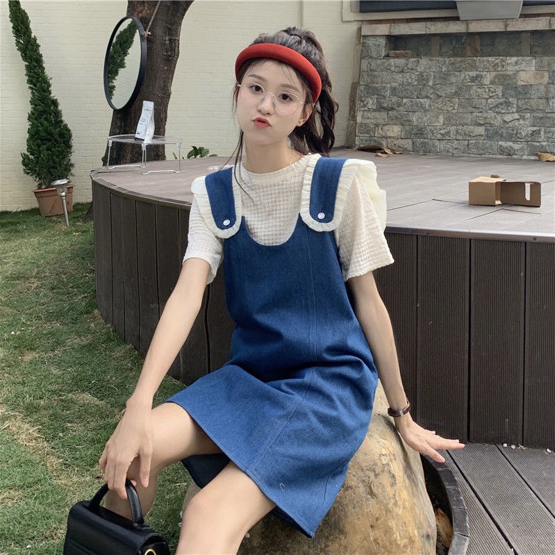 Bộ Áo Thun + Chân Váy Yếm denim Thời Trang Mùa Hè Hàng Mới Dành Cho Nữ 2022