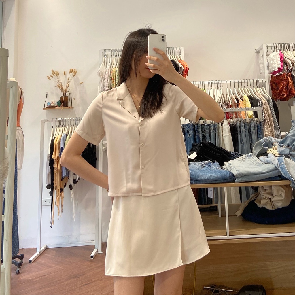 Áo sơ mi lụa khuy trước cổ vest pyjama dáng ngắn cộc tay Mia Ritta A2084 ảnh thật feedback
