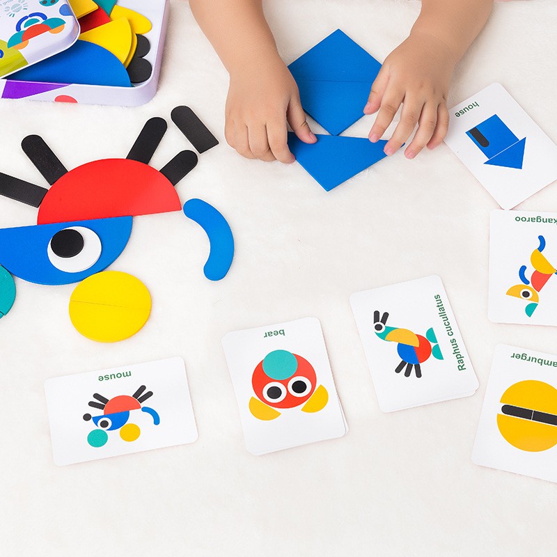 Đồ chơi xếp hình tư duy theo thẻ cho bé hộp sắt (Shapes puzzle)