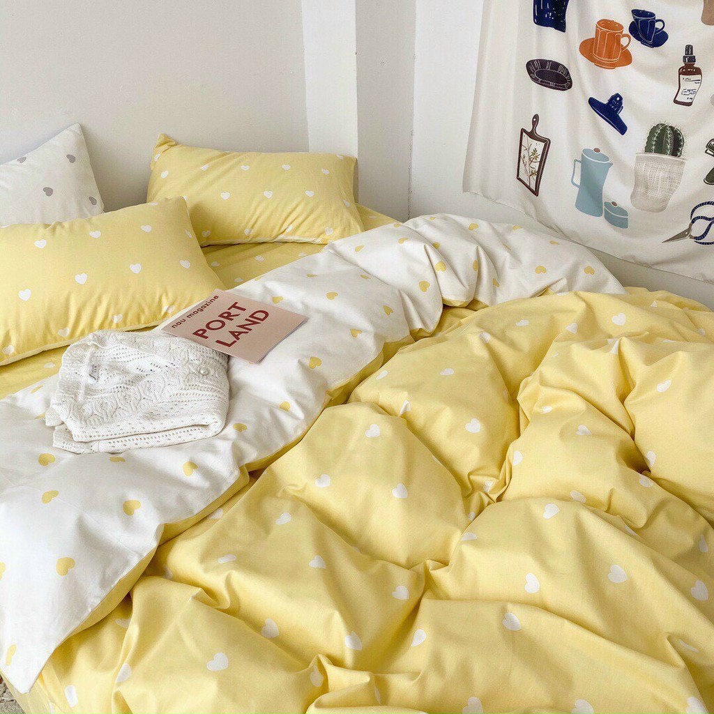 4 Món Chăn Ga Gối Mền Cotton Poly. Thương Hiệu Evily Mẫu TIM TRẮNG VÀNG Siêu Xinh Và Dễ Thương - EvilyDecor