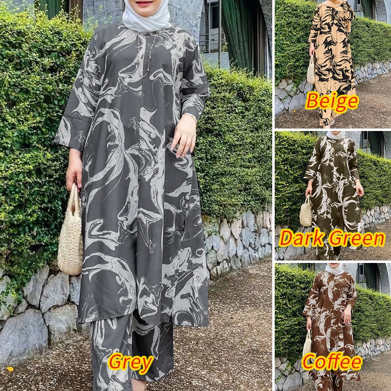 Set đồ Hồi Giáo ZANZEA gồm áo cổ tròn và quần dài lưng thun có túi họa tiết sọc loang thời trang