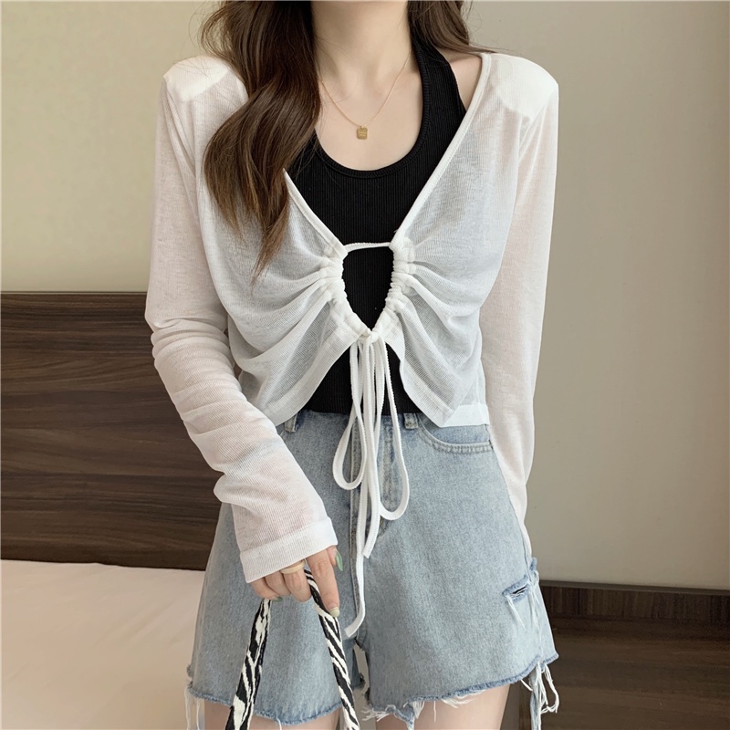 SUXI Áo Kiểu Tay Dài Cổ Chữ V Phối Dây Rút Mỏng Chống Nắng Phong Cách Hàn Quốc Thời Trang Mùa Hè Cho Nữ