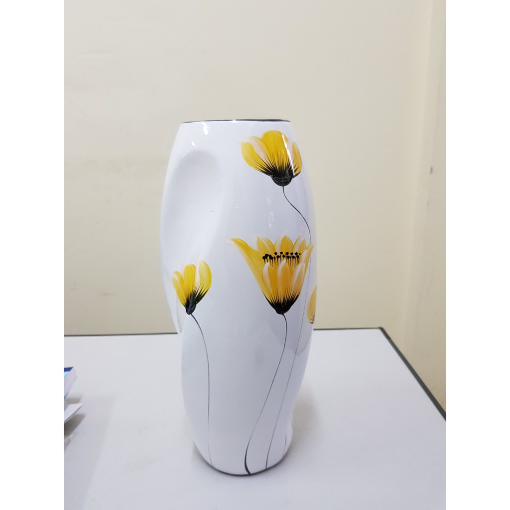 Bình hoa sơn mài Bát Tràng dáng bom xoắn trắng 27 cm vẽ hoa Tulip