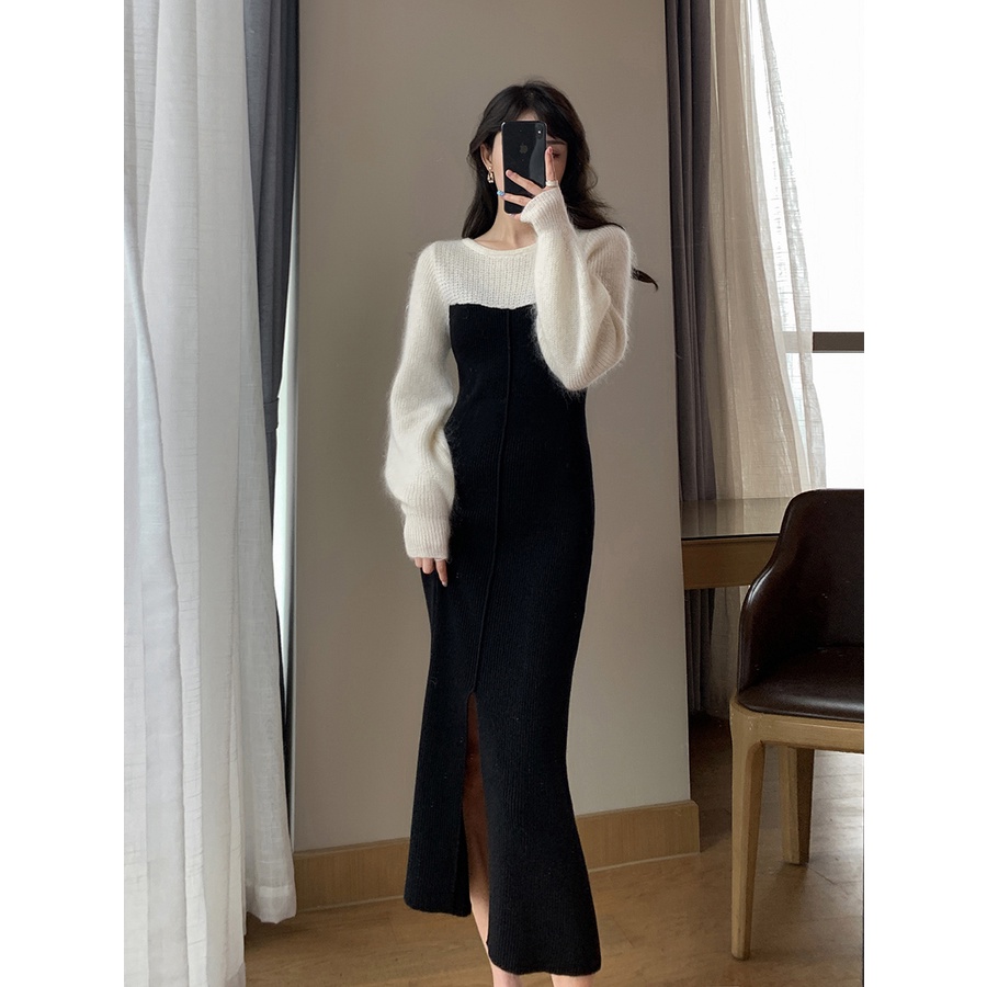 Đầm sweater Dệt Kim Xẻ Tà Màu Đen Thời Trang Thu Đông 2022 Phong Cách Pháp Cổ Điển Dành Cho Nữ
