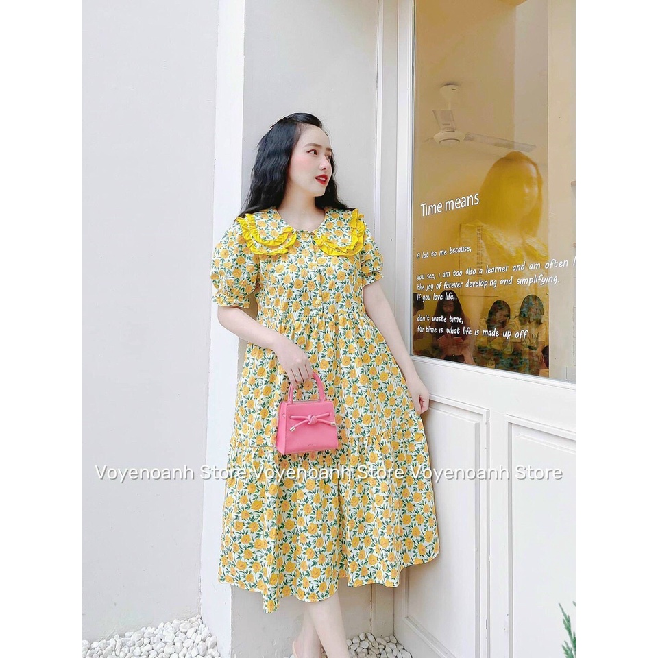 Đầm bông lụa kiểu baby cổ bèo tầng tay ngắn