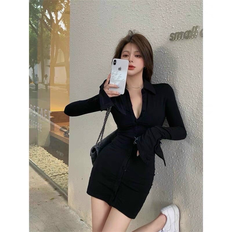 Đầm ôm body tay dài phối nút cổ bẻ tôn dáng