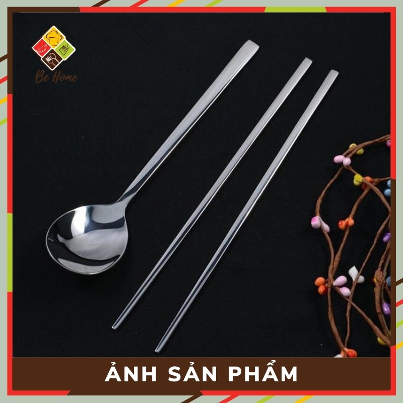 Bộ Đũa Thìa Inox BEHOME Đũa inox cán dài Thìa ăn cơm dẹt Hàn Quốc Sang Trọng - Chống trơn trượt [HÀNG CAO CẤP]