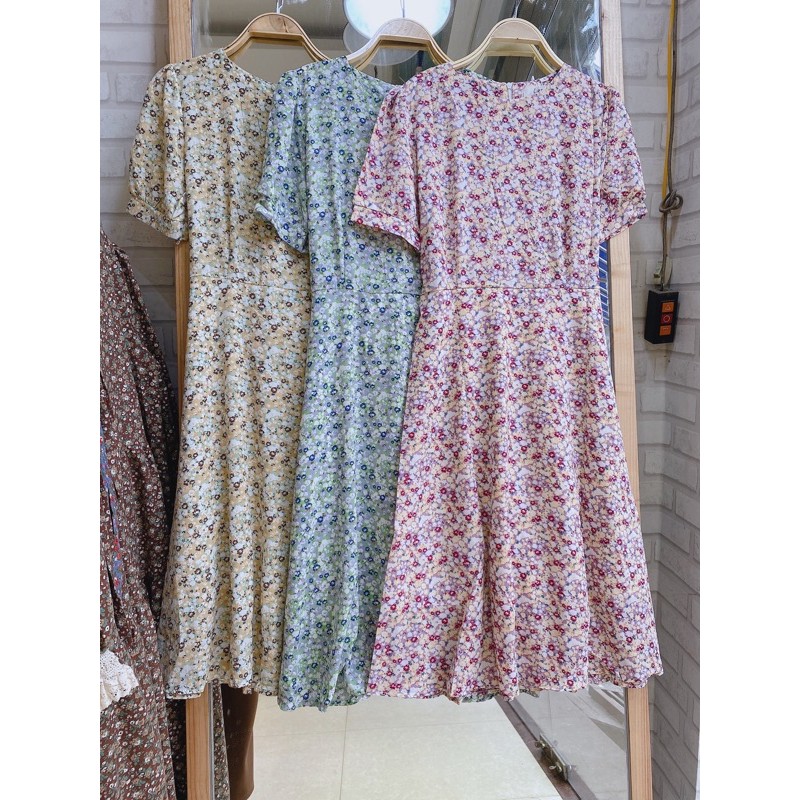 Váy hoa nhí vintage cổ tròn ngắn tay dáng dài qua gối Ulzzang style🌸 Hàng Quảng Châu | BigBuy360 - bigbuy360.vn