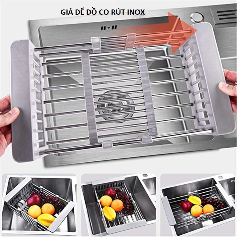 Rổ kéo rút gọn inox bồn rửa bát, rổ INOX 304 đa năng (loại dày)