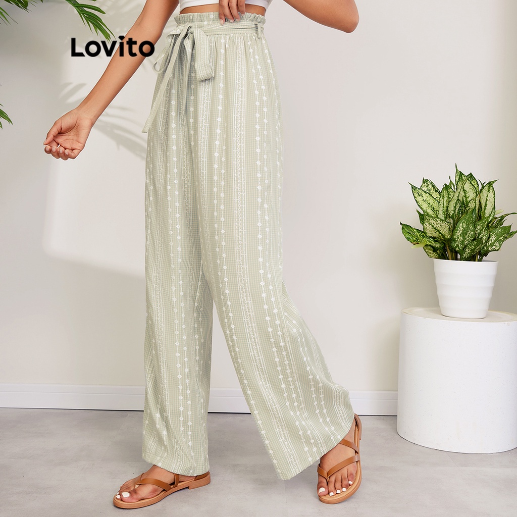 Quần Lovito lưng cao có thắt lưng in họa tiết hoa phong cách thường ngày L27LD027 (màu xanh lá cây nhạt)