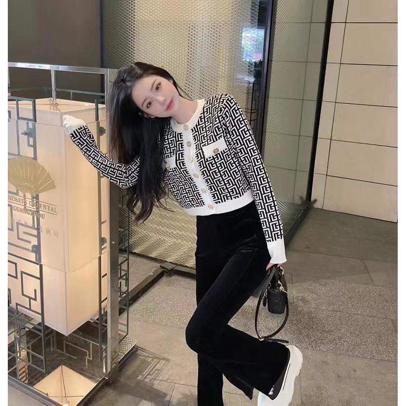 Áo Khoác Cardigan Dệt Kim Tay Dài Màu Sắc Tương Phản Phong Cách Retro Dành Cho Nữ
