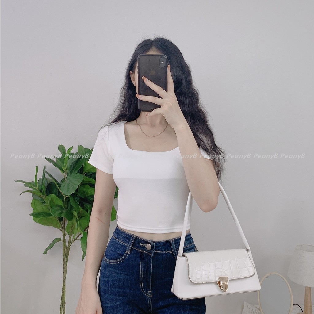 Áo thun croptop cổ vuông cộc tay nữ - Phông tay lỡ dáng ngắn ôm body sexy ulzzang SIÊU HOT