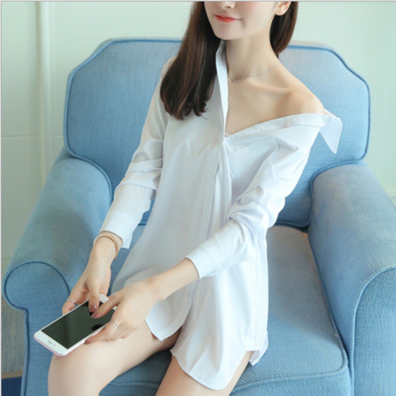 Đầm sơ mi tay dài cổ bẻ dáng rộng cho nữ