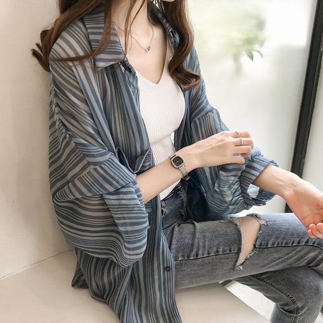 Áo Khoác Sơ Mi Chống Nắng Dáng Rộng Kẻ Sọc Dọc Phong Cách Hàn Quốc