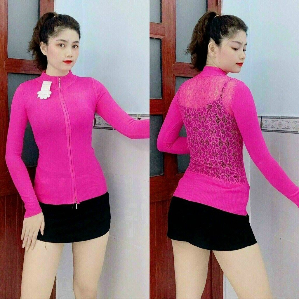 Áo khoác len nữ dây kéo 2 đầu cổ cao phối ren lưng