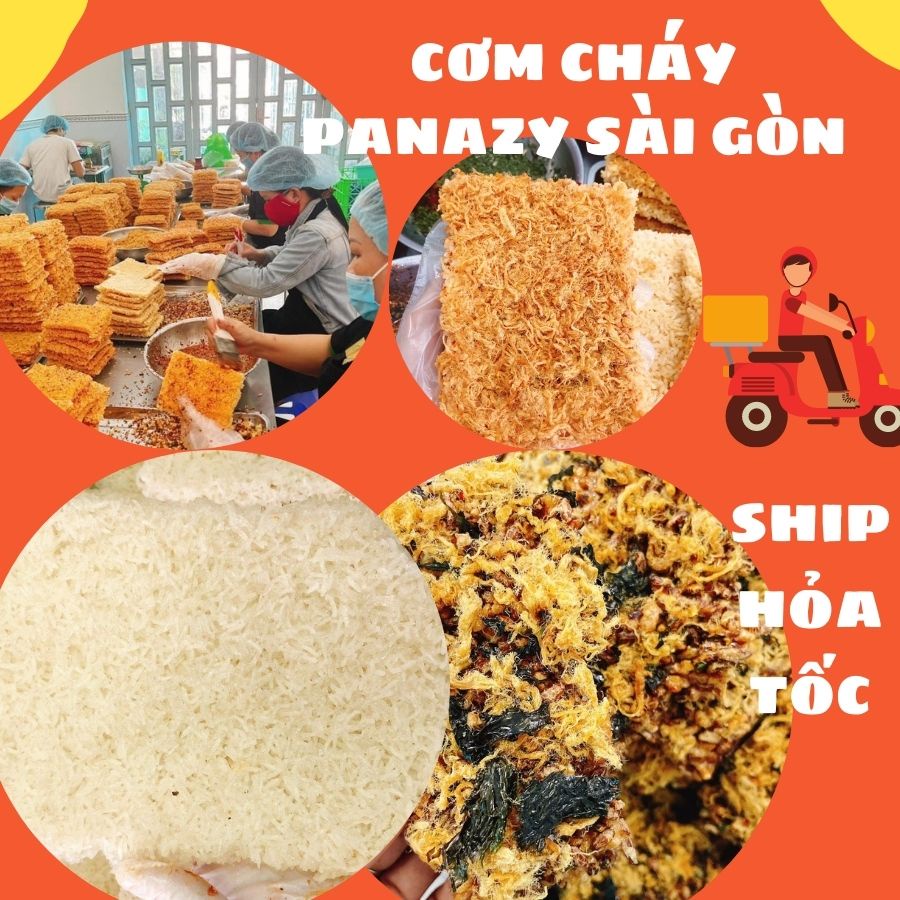 Cơm cháy siêu chà bông PANAZY ngon sạch nhì Sài Gòn với bếp chiên chế tạo riêng cho ra miếng cơm trắng giòn ko gắt dầu