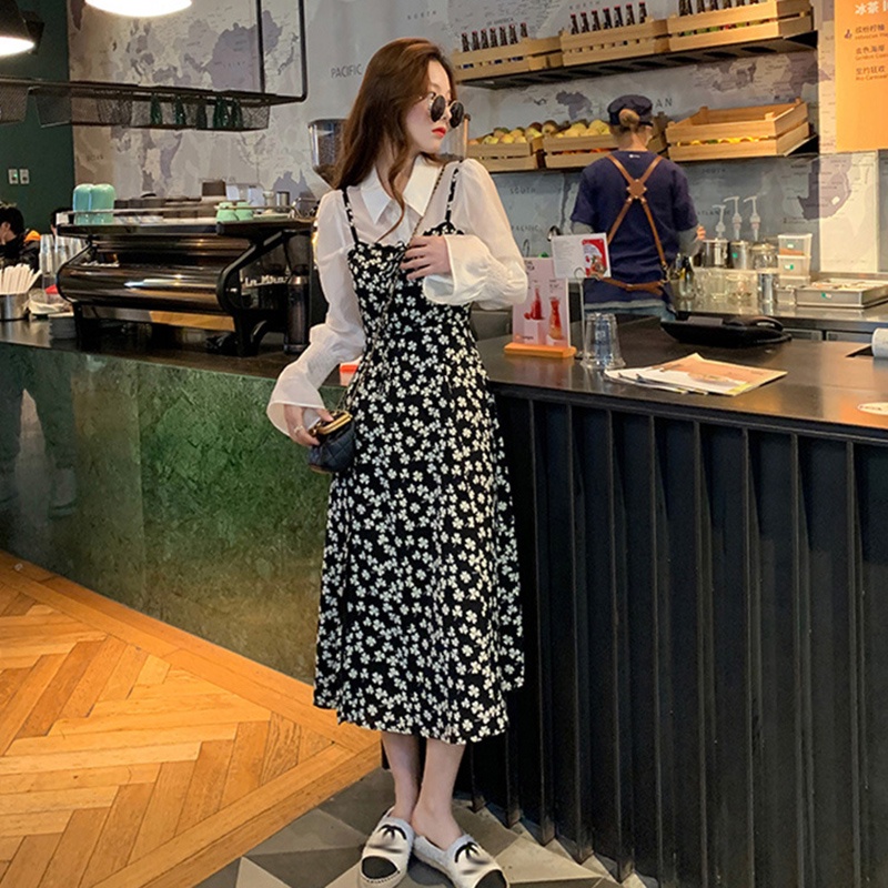 Đầm IELGY hai dây vải chiffon ôm dáng vừa vặn họa tiết hoa thiết kế xẻ tà phong cách Pháp thời trang