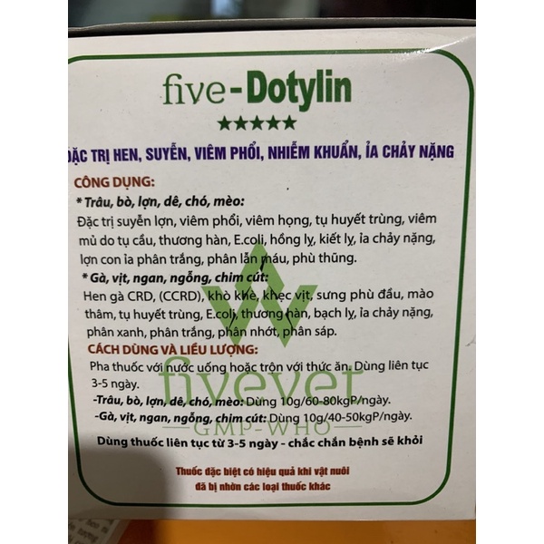 Five Dotylin 10g - hen, suyễn, viêm phổi, tiêu chảy nặng trên gia súc, gia cầm
