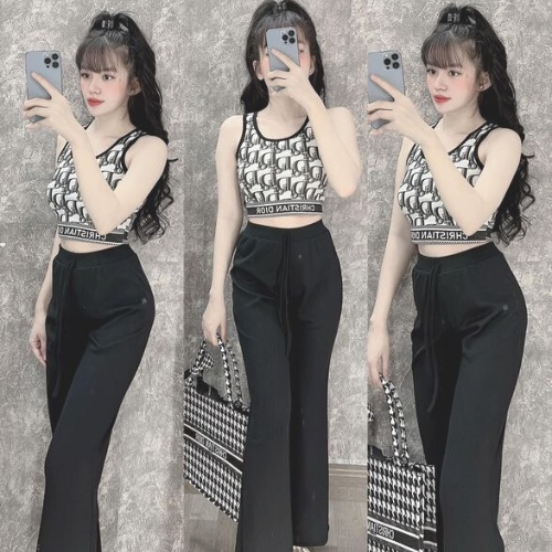 Đồ bộ nữ, đồ bộ quần ống loe đai cao thun cotton gân borip và áo ba lổ croptop vải xịn, đồ bộ mặc nhà nữ, đồ bộ kiểu