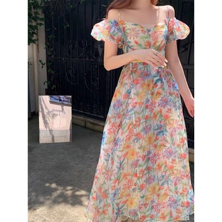 Đầm midi 2s hoa rớt vai dáng phồng xoè cột nơ lưng sau freesize Pumi