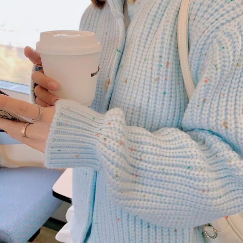 Áokhoác cardigan dệt kim mềm mại phong cách phương Tây thời trang màu xanh dương nhạt dành cho nữ