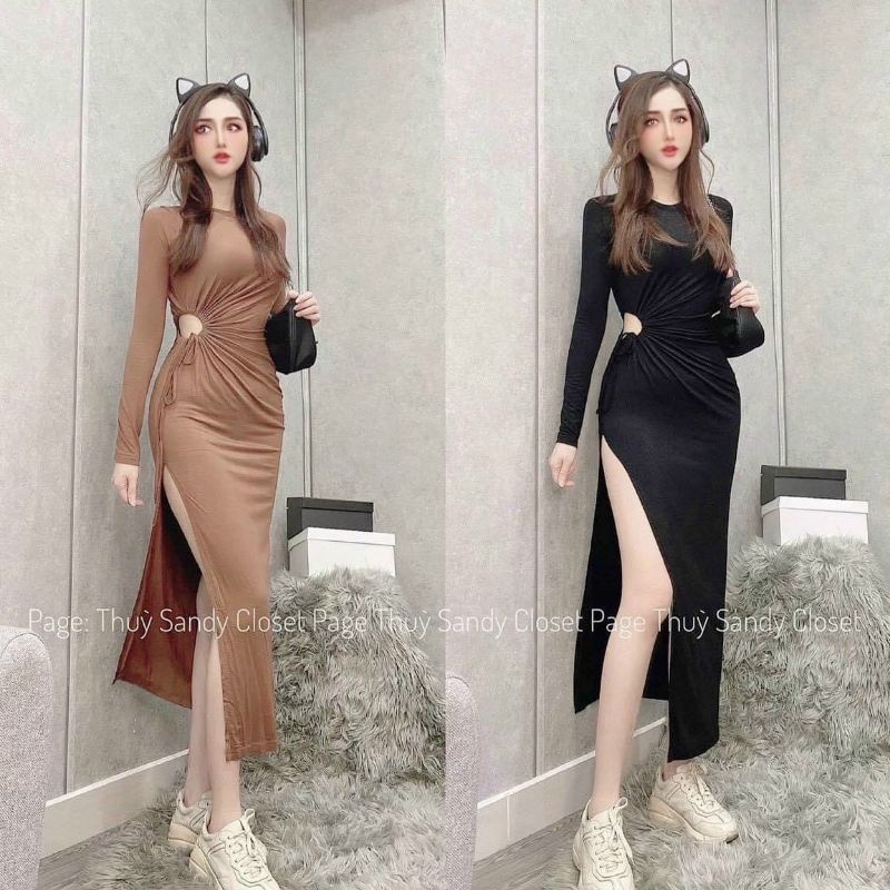 Đầm Thun Ôm Body Dáng Dài Maxi Xẻ Tà Tay Dài Cổ Tròn Khoét Eo Rút Dây Sexy