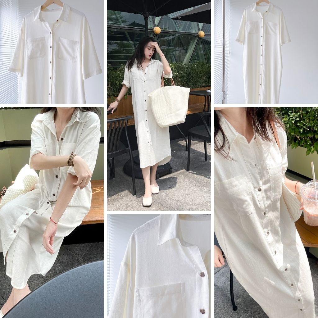 Váy sơ mi cộc tay dáng dài, Váy linen cao cấp che khuyết điểm tôn dáng, Macs Aster Dress