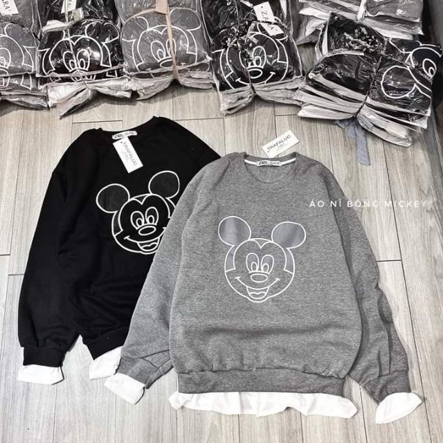 HOT - ÁO NỈ BÔNG MICKEY PHỐI COTTON TRẮNG ( ĐEN, GHI)