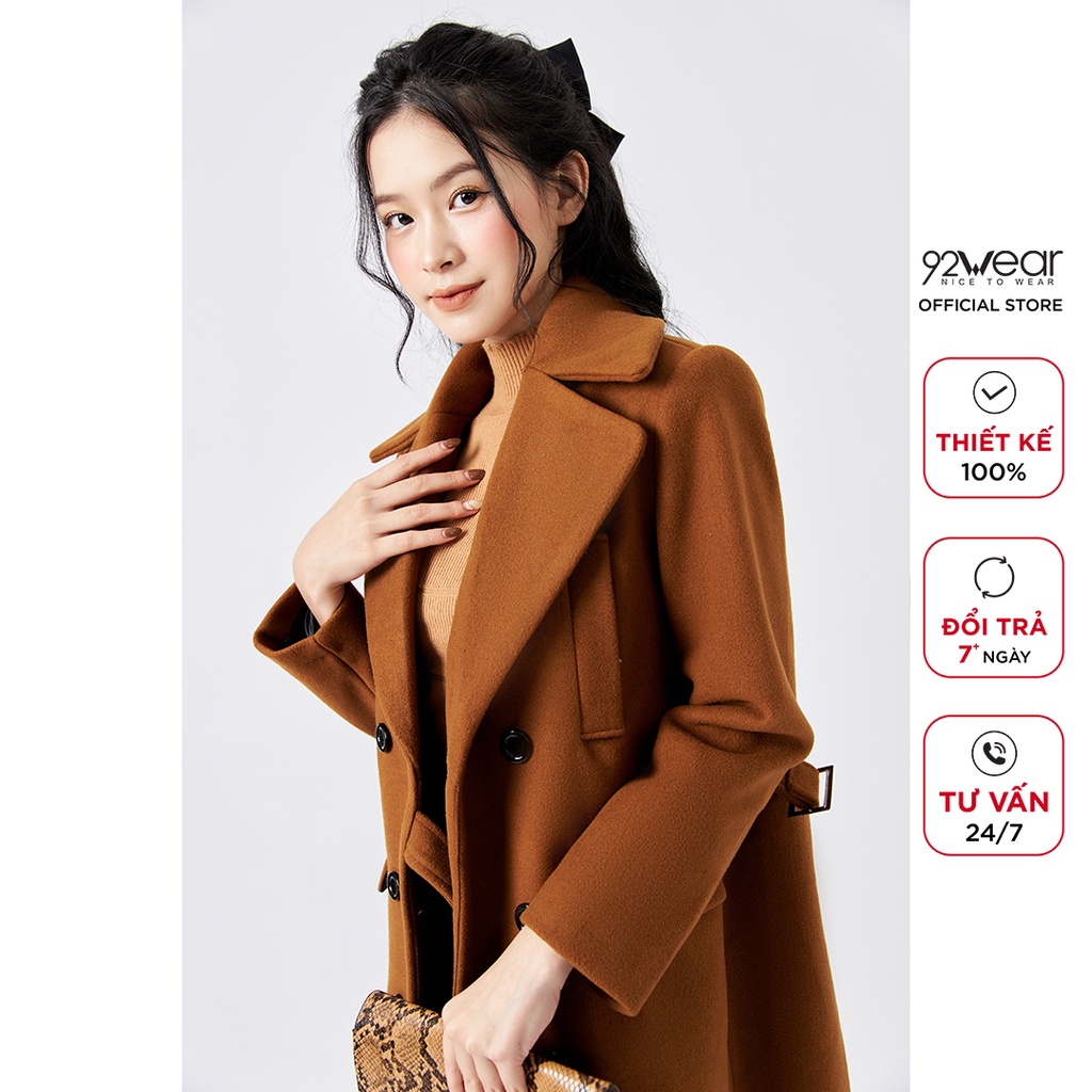 Áo khoác dạ nữ mùa đông dáng hàn quốc dài qua gối 2 hàng cúc 92WEAR - KDA1268