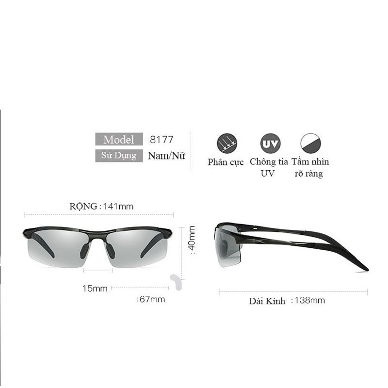 [Kính AORON]Kính mát nam kính thời trang phân cực polarized đổi màu đi ngày và đêm nam nữ 8177 gọng Nhôm Magiê siêu nhẹ