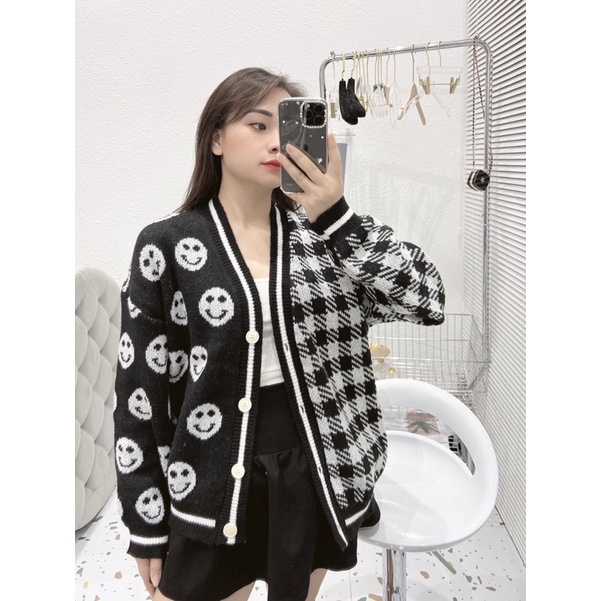 Áo khoác cardigan nữ YUNA lông thỏ dáng rộng hoạ tiết mặt cười viền đen  phong cách Hàn Quốc, thời trang nữ YUNA_AK002