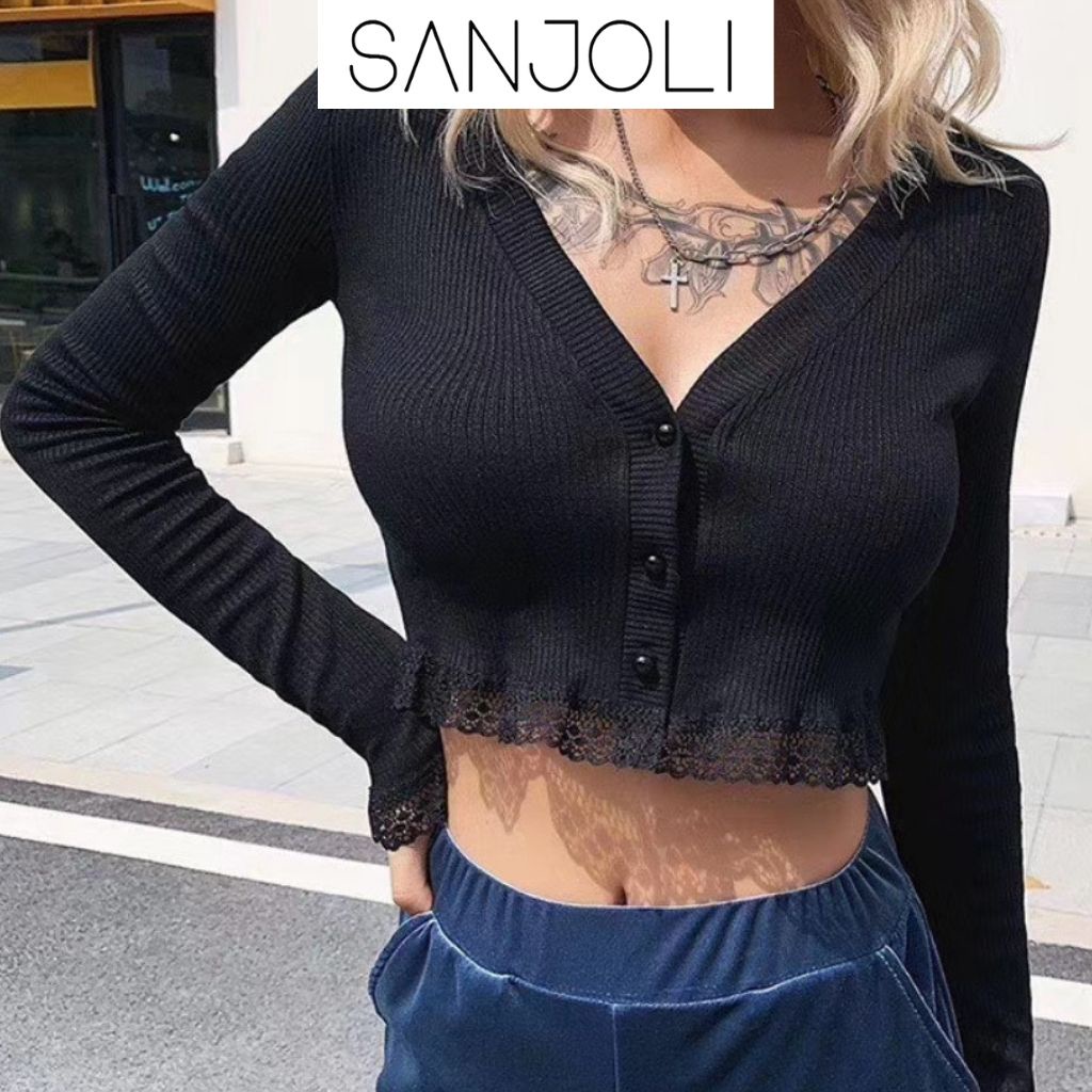 Áo Croptop Tay Dài SANJOLI Áo Cardigan Nữ Kiểu Ôm Body Sexy Bánh Bèo Thiết kế Hở Ngực Phối Ren Trắng Đen AOE020