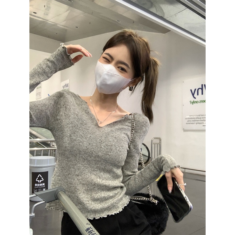 Áo len ZHELIHANGFEI tay dài cổ chữ V dáng ôm gợi cảm cho nữ