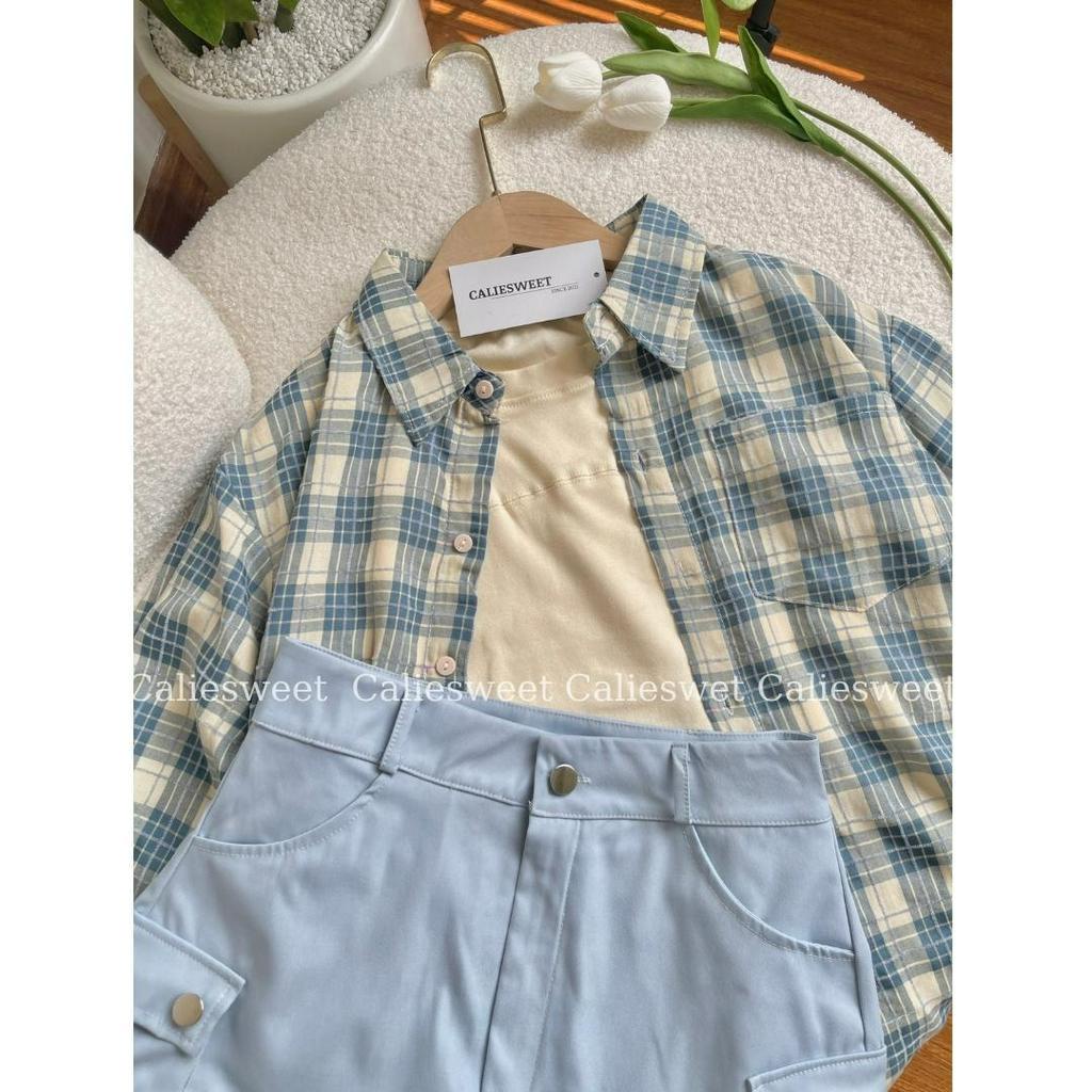 Set áo sơ mi kèm áo croptop mix chân váy Caliesweet set áo sơ mi 3 màu phong cách Hàn Quốc