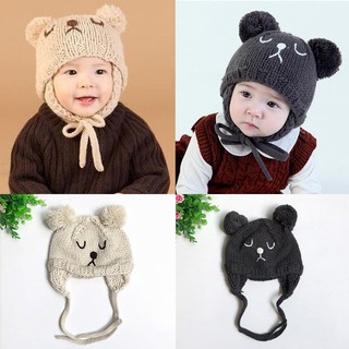 Mũ len trùm đầu phối dây tạo hình chú gấu đáng yêu cho bé