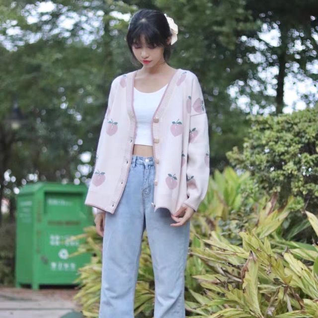 (Sẵn) Áo cardigan len họa tiết quả đào tông màu pastel dễ thương trẻ trung nữ ...