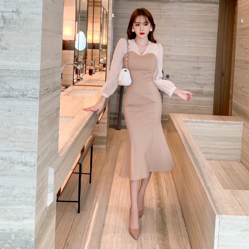 ZYHT Đầm Maxi Mảnh mai Cổ chữ V áo dài tay phong cách Hàn Quốc phong cách thanh lịch Đầm dây 4495