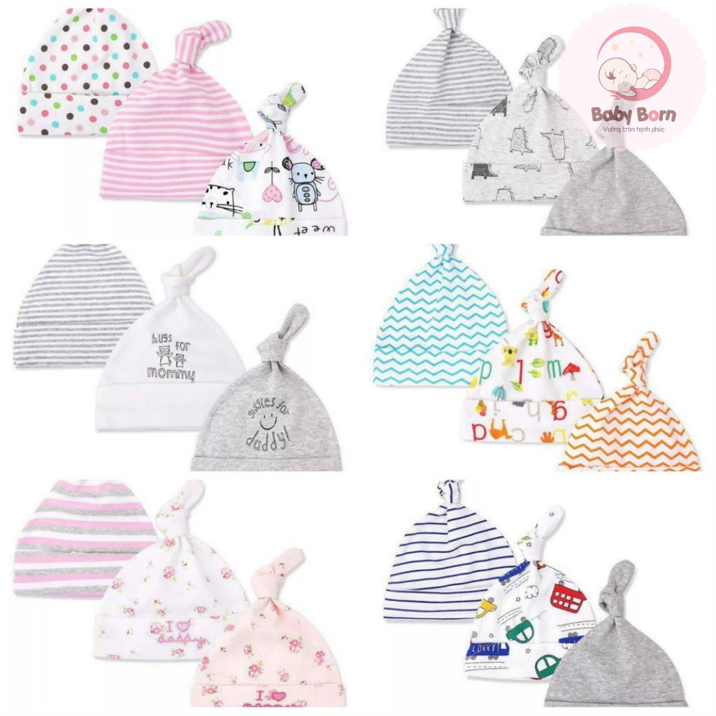 Set 3 mũ, nón MomCare cao cấp thắt nơ xinh xăn cho bé sơ sinh từ 0-6 tháng tuổi
