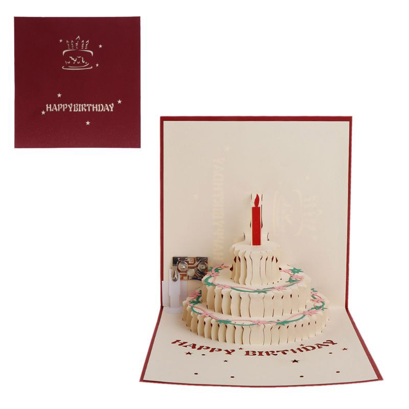 3D Pop Up Greeting Card Happy Birthday Cake Music LED Postcard With Envelope