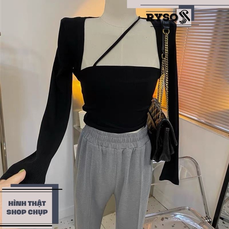 Áo Croptop tay dài phối dây chéo siêu lạ mắt cá tính cho nữ