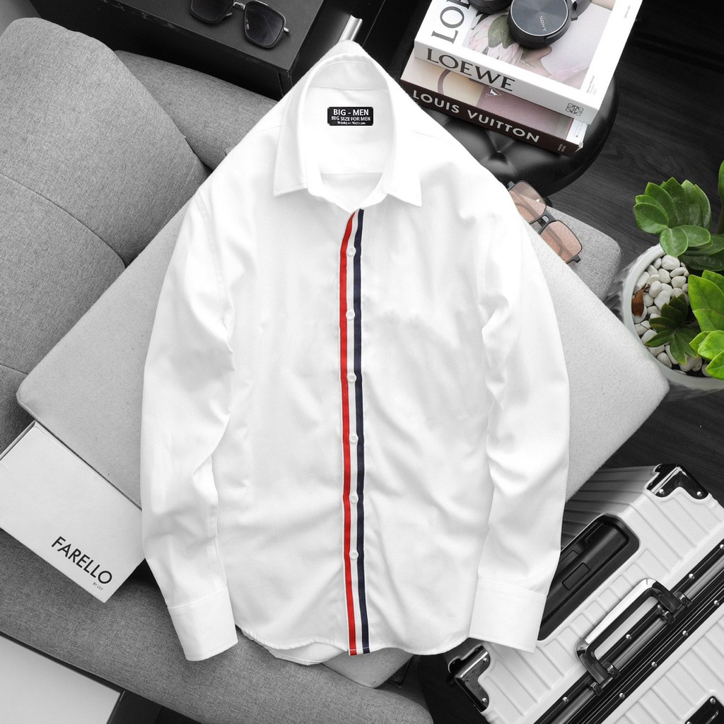 Áo sơ mi nam tay dài màu trắng thêu sọc bigsize nam