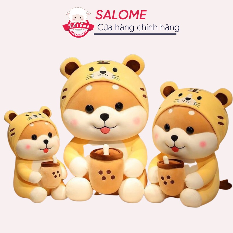 Gấu Bông Chó Shiba Ôm Trà Sữa SALOME, Thú Nhồi Bông Chó Đội Nón Hổ Cute