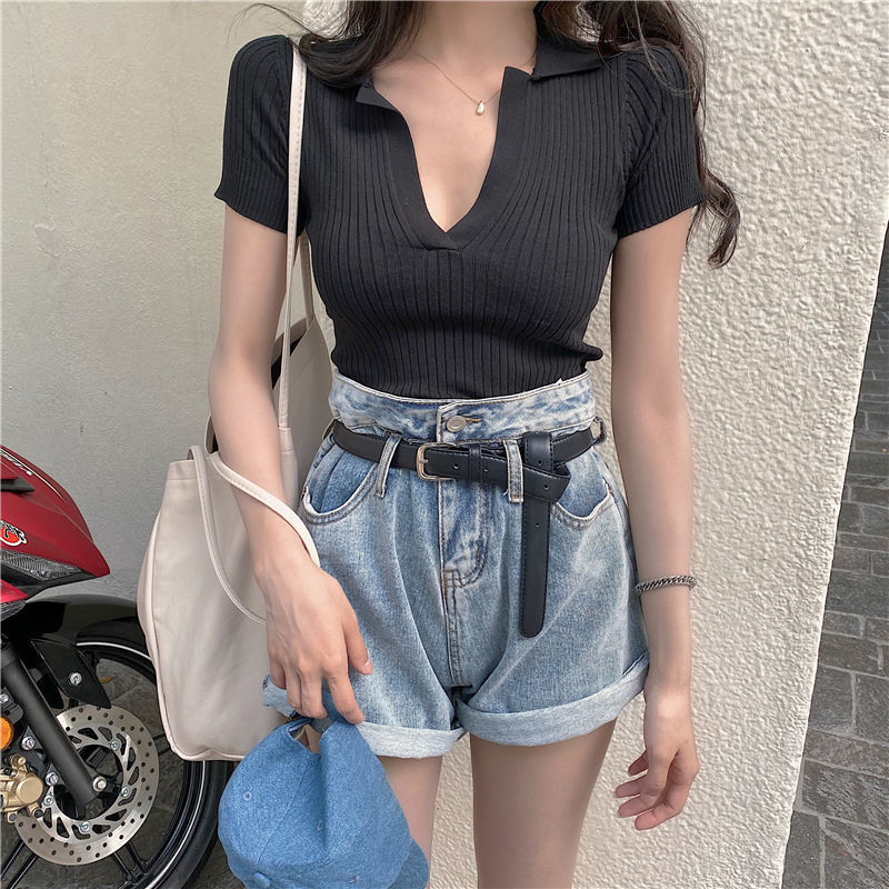 [ Mã 12FASHIONSALE1 giảm 10K đơn 50K ] Áo Dệt Kim Dáng Ôm Tay Ngắn Cổ Chữ V Thời Trang Mùa Hè Gợi Cảm Cho Nữ