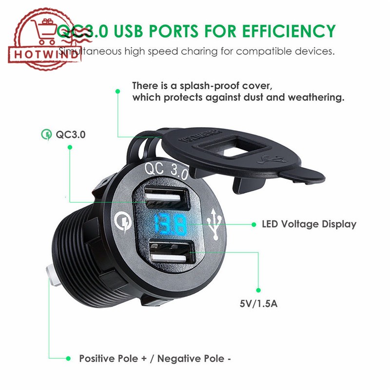 Tẩu sạc QC 3.0 2 cổng sạc USB HW 12V / 24V có vôn kế kỹ thuật số kèm thiết bị đầu cuối cách điện chất lượng cao